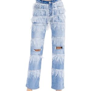 Galita Feather Fringe Rhinestone Accent Distressed Knee Straight Leg Denim